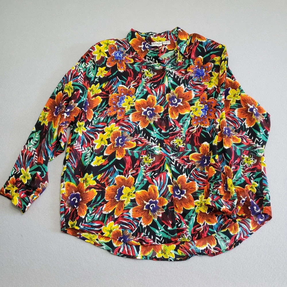 Chorus Girl Vintage 90s Beaded Floral Rayon Button Up Shirt Womens 22 Plus Size - Picture 1 of 14